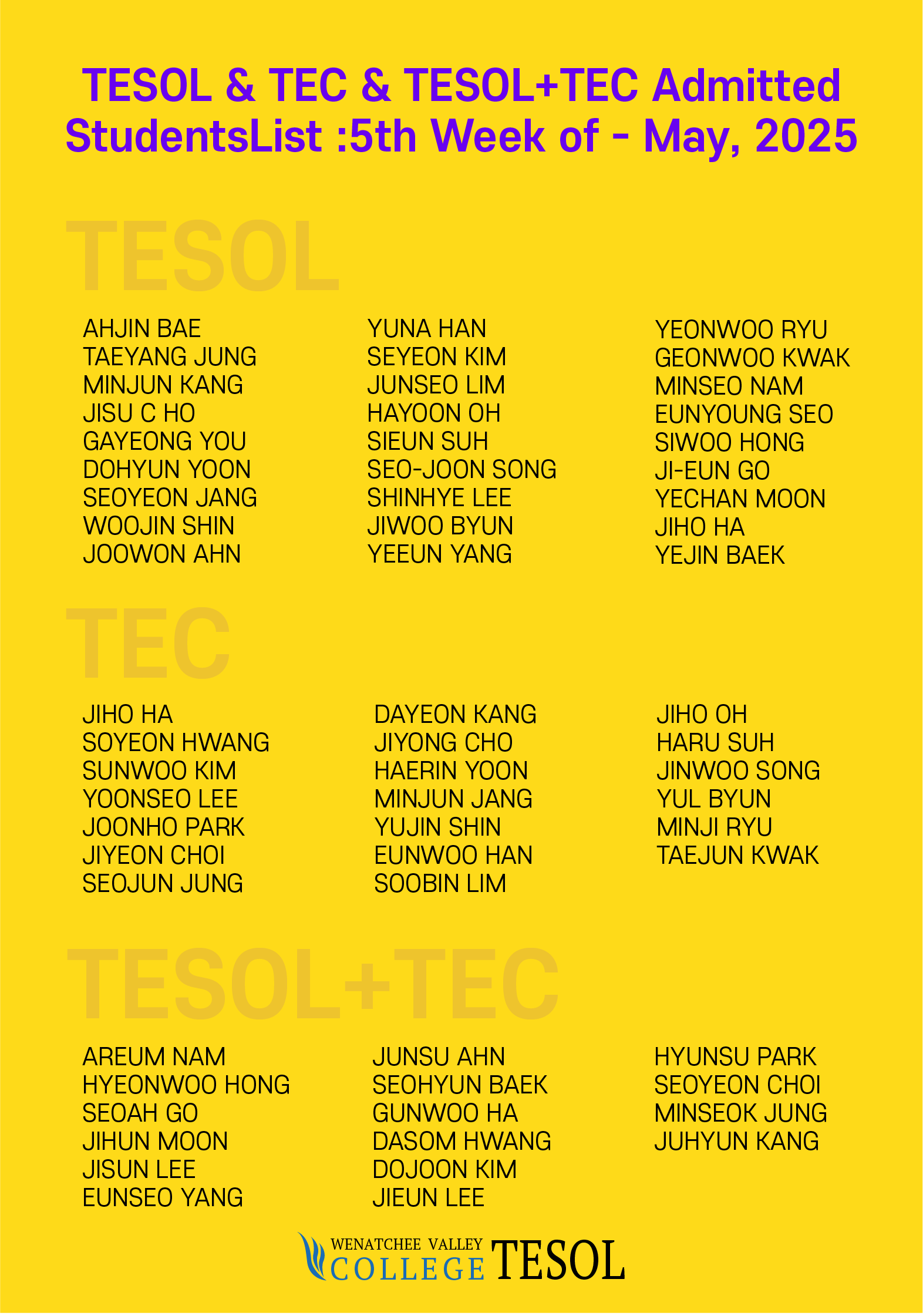 2025년 5월 5주 WVC테솔 입학생 리스트