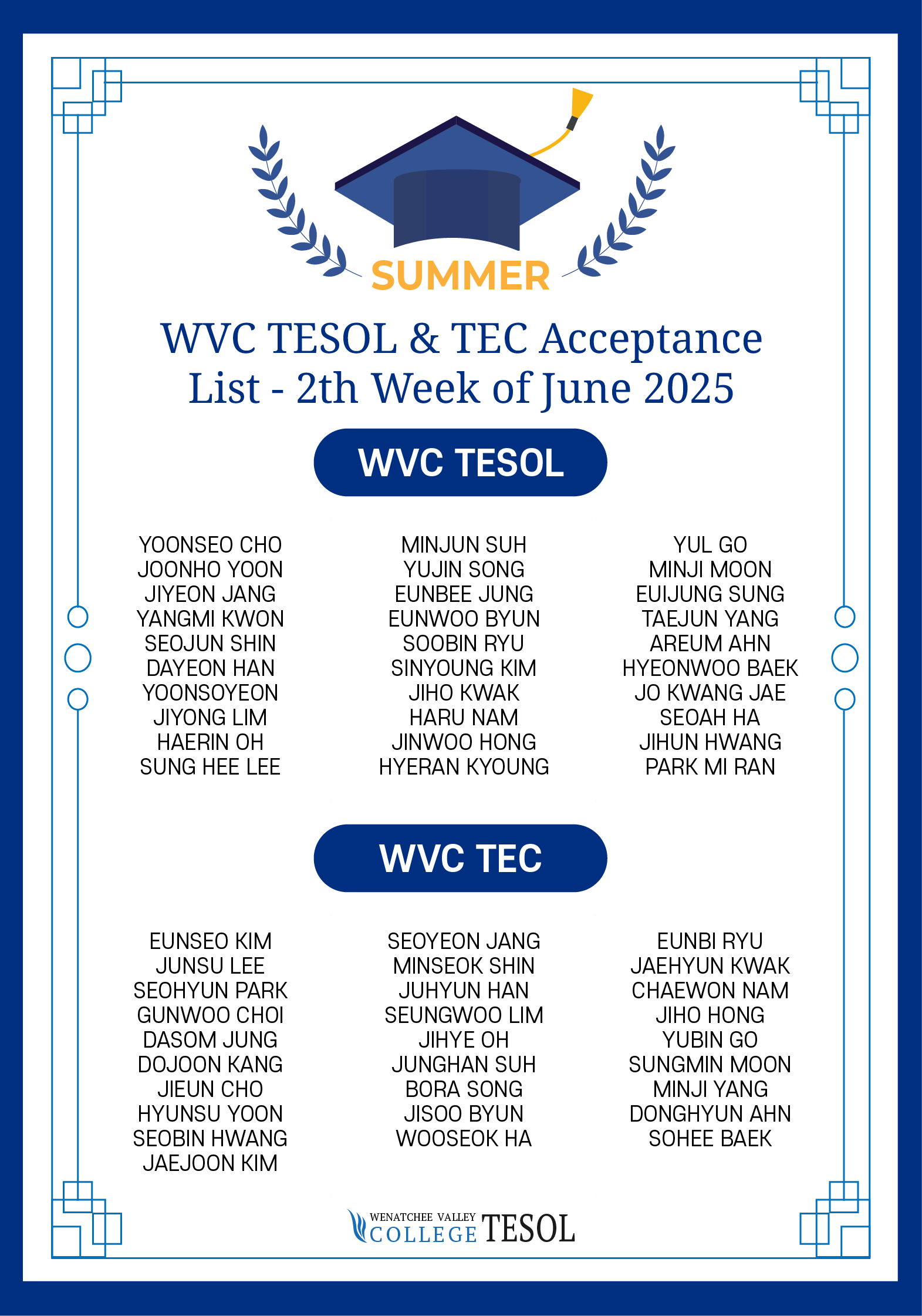2025년 6월 2주 wvc tesol&tec 합격자 명단