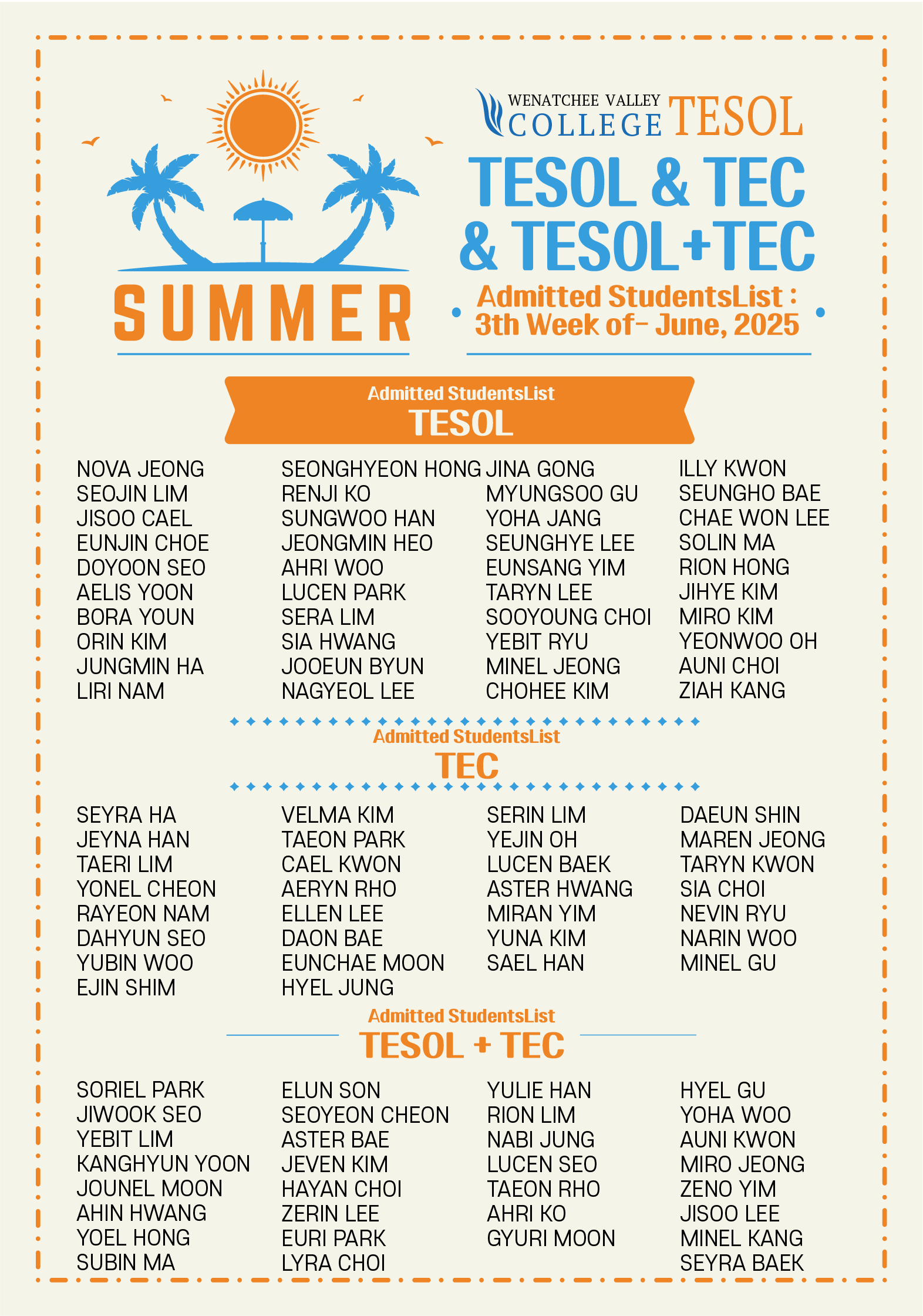 WVC TESOL&TEC 6월3주 입학생 리스트