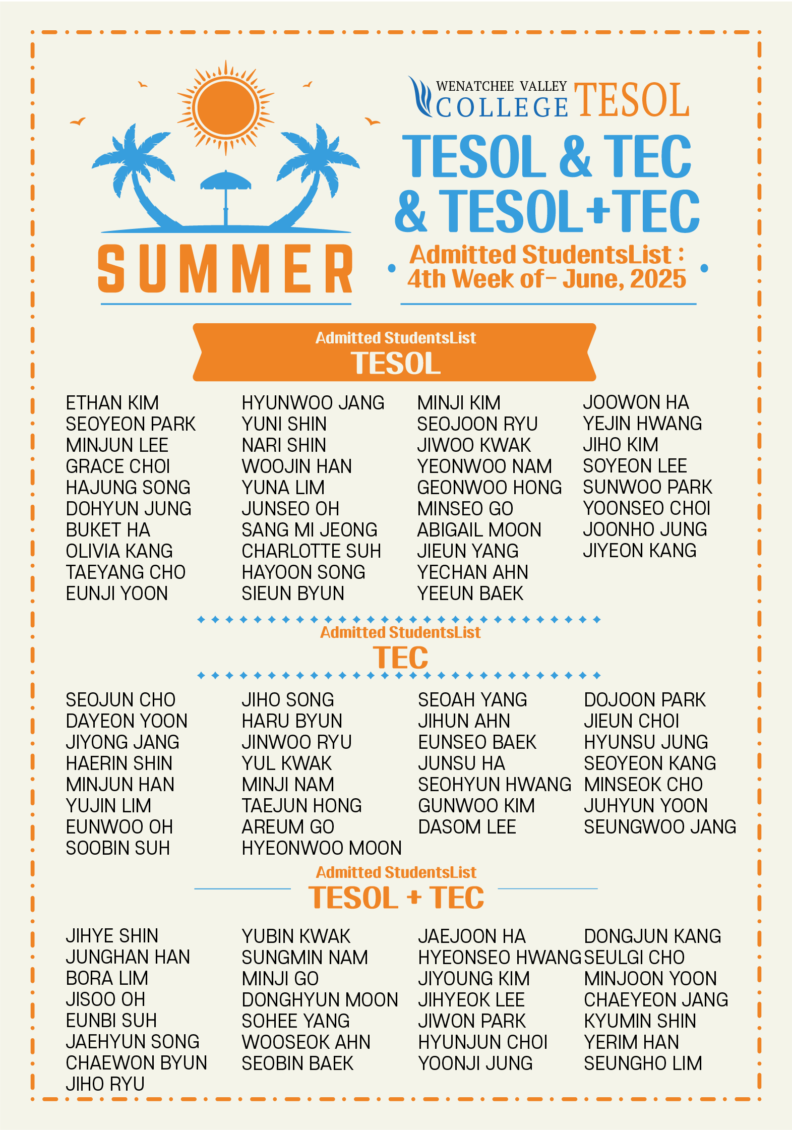 2025년 6월 4주 wvc tesol tec 입학생 리스트