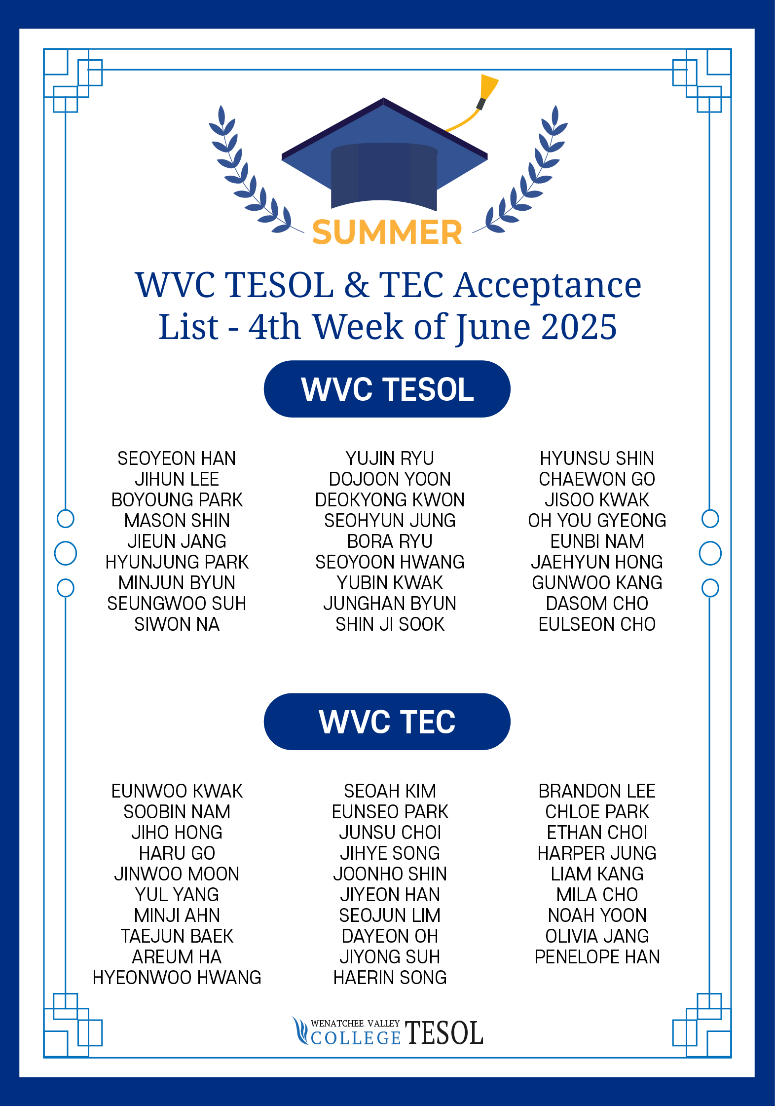 2025년 6월4주 WVC TESOL&TEC 합격생 리스트