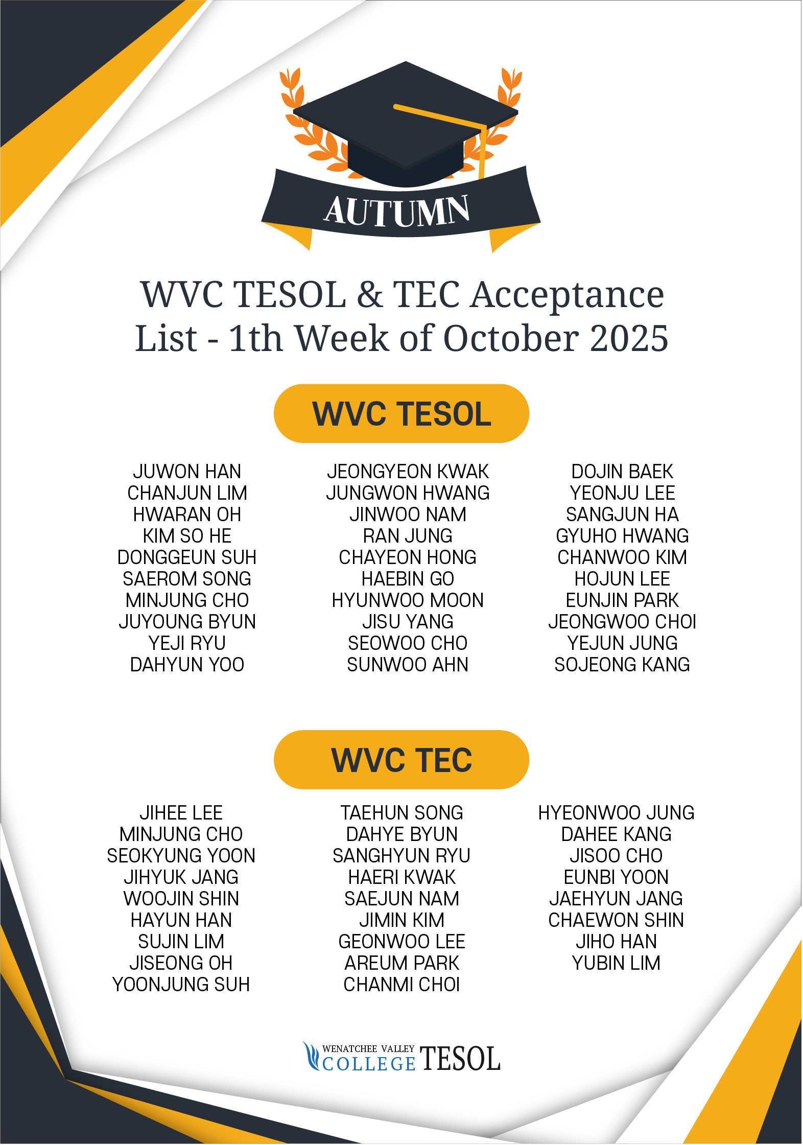 2025년 10월 1주 WVC TESOL&TEC 합격생 리스트