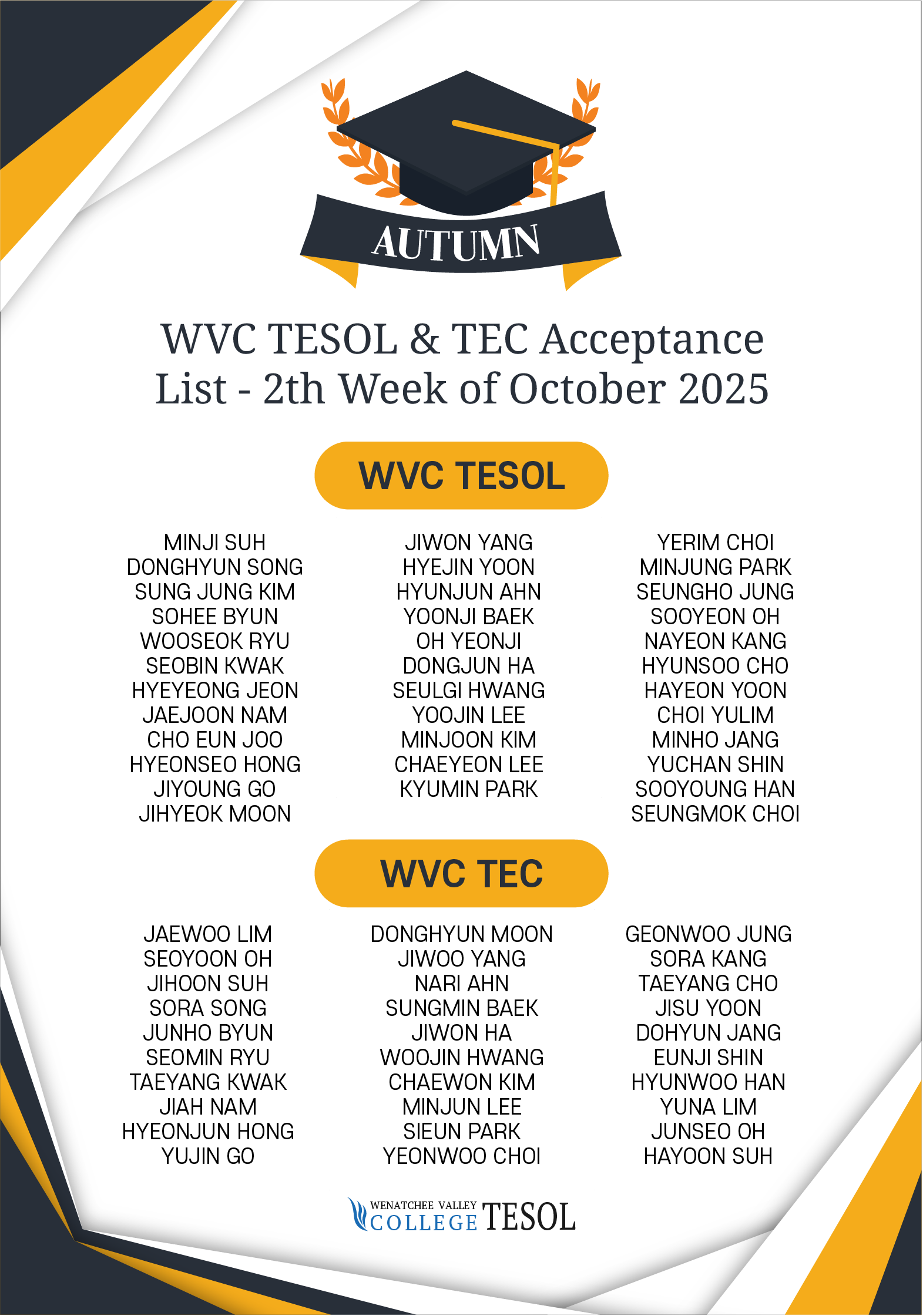 10월2주 WVC TESOL&TEC 합격 리스트