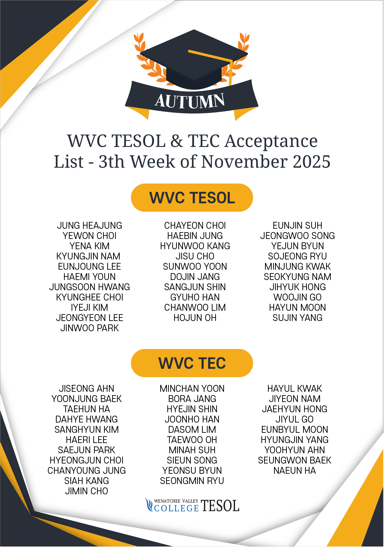 2025 11월 3주 WVC TESOL&TEC 합격자 리스트