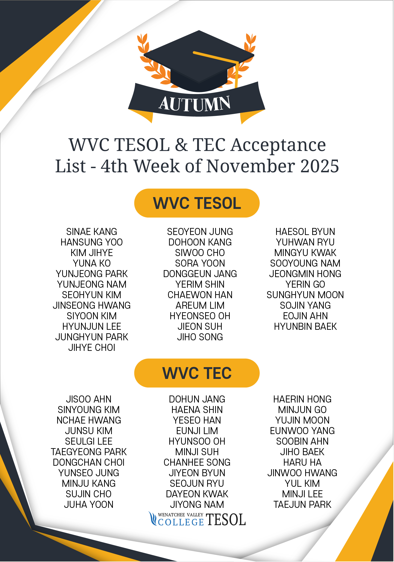 2025 11월 4주 WVC TESOL&TEC 합격자 리스트