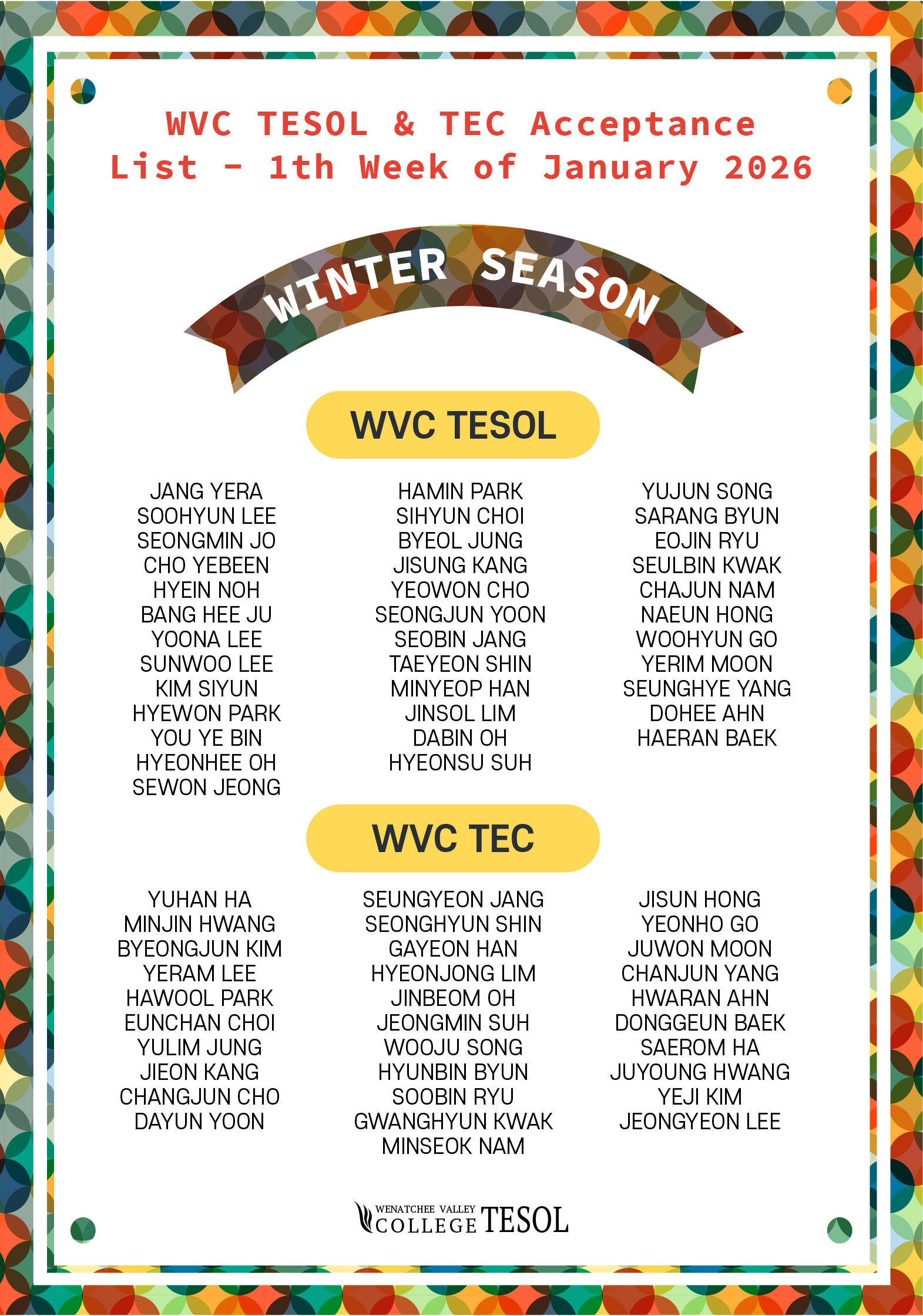 2026년 1월 1주 TESOL&TEC 합격자 리스트