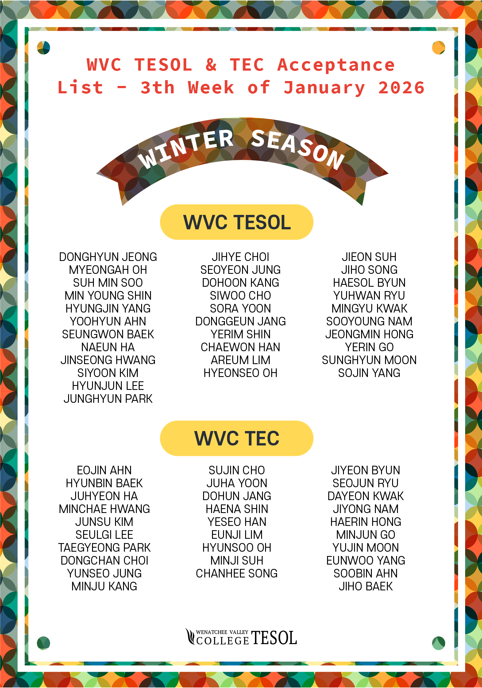 2026년 WVC TESOL&TEC 1월 3주 합격자 리스트