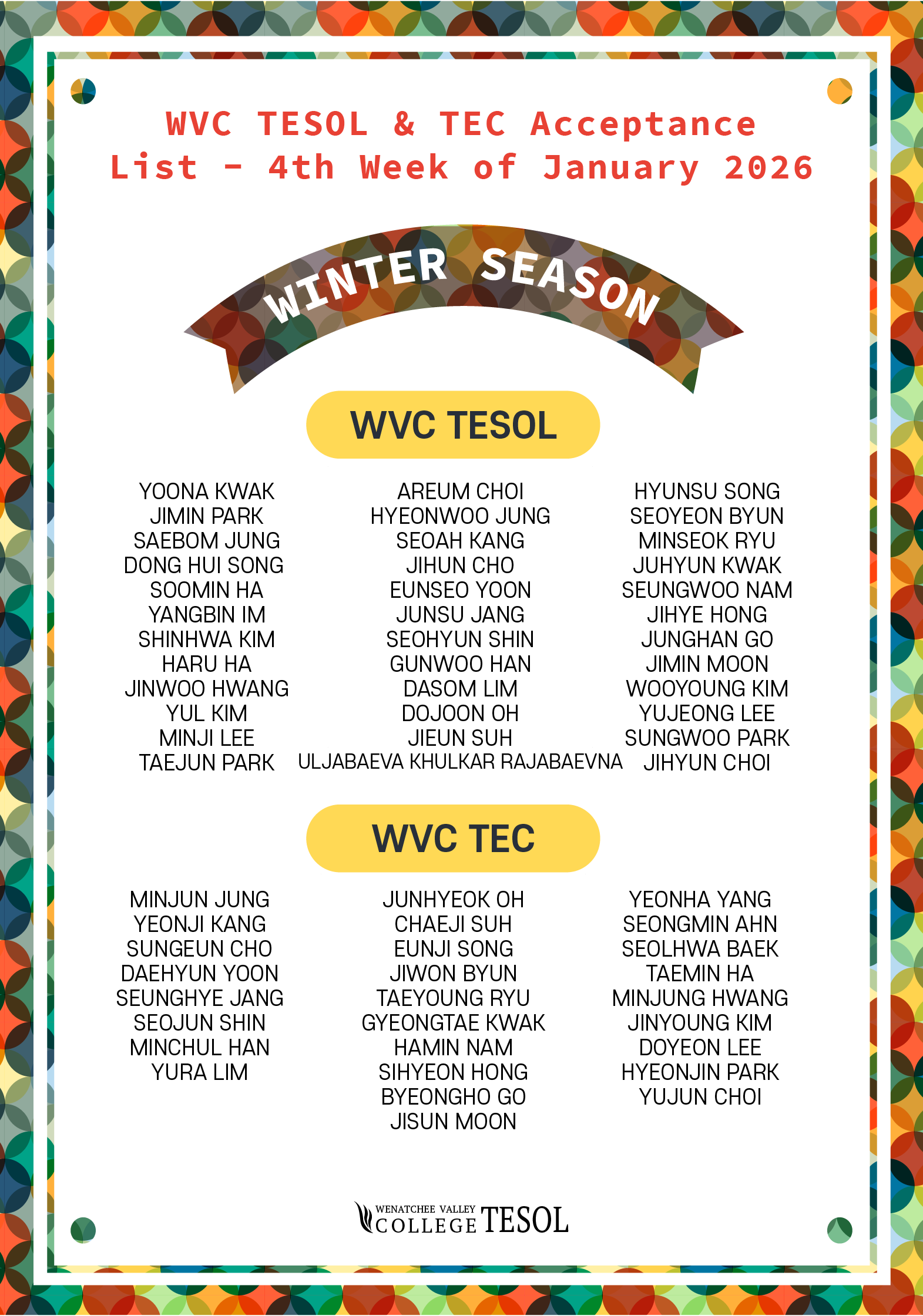 2026년 WVC TESOL&TEC 1월 4주 합격자 리스트